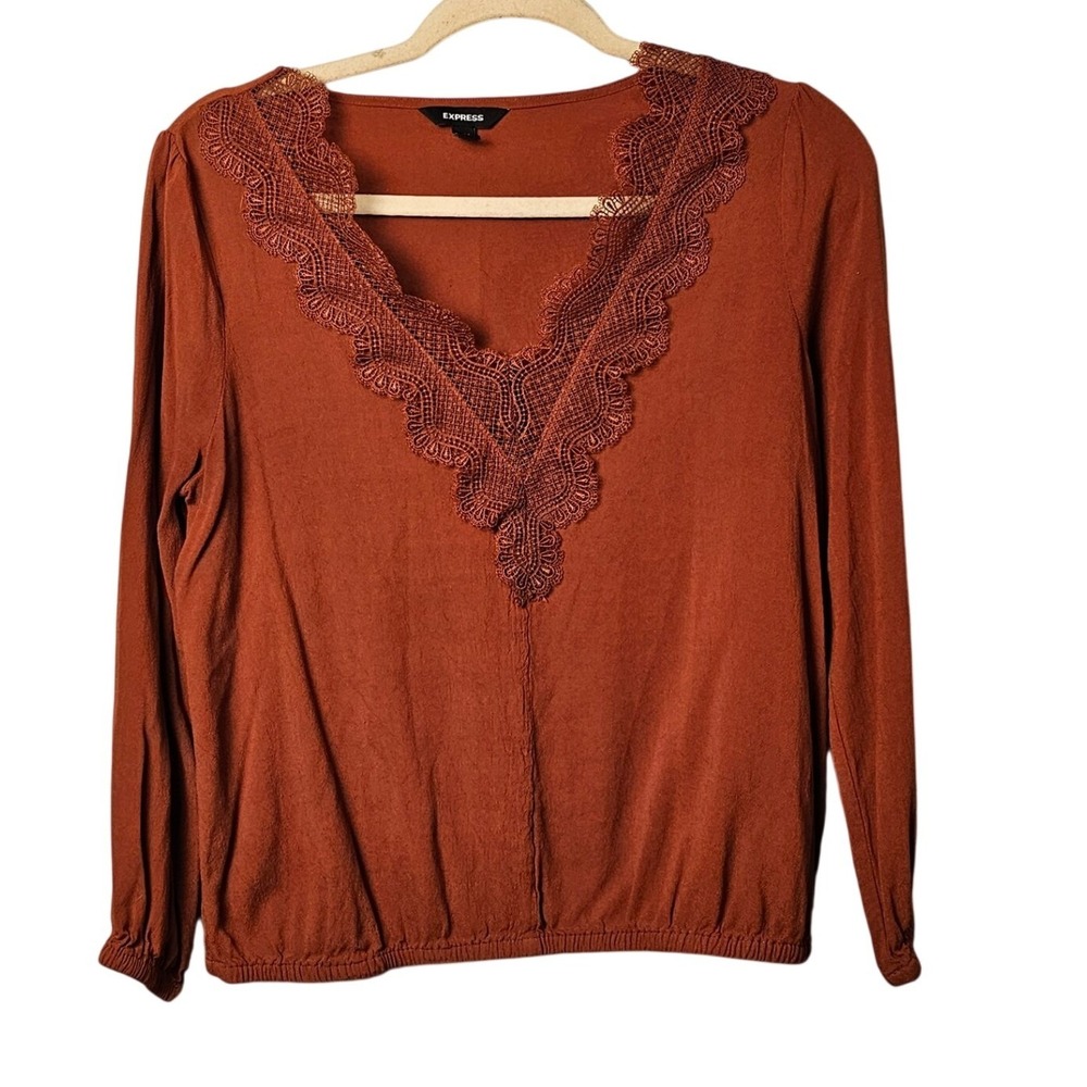 EXPRESS Rust Orange Lace V Neck Long Sleeve Cinched Waist Top Size S Petite EUC‎